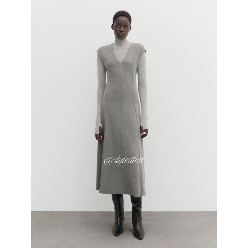 Massimo Dutti Flared Midi Dress With Topstitching Detail Gray Marl S NWT